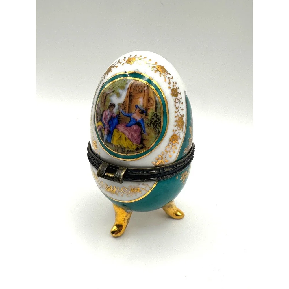Vintage Vecceli‎ Style Porcelain Egg Trinket Box Green Gold 5inch Limoges